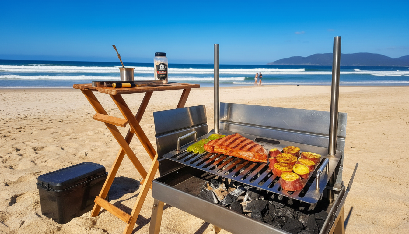 Churrasqueira para espetinho Ecker Spirit montada na areia da praia